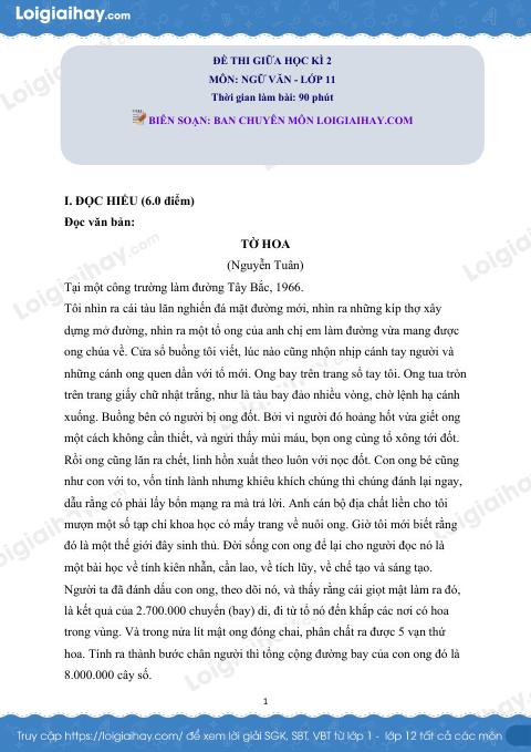 Đề thi giữa kì 2 Văn 11 Cánh diều - Đề số 4